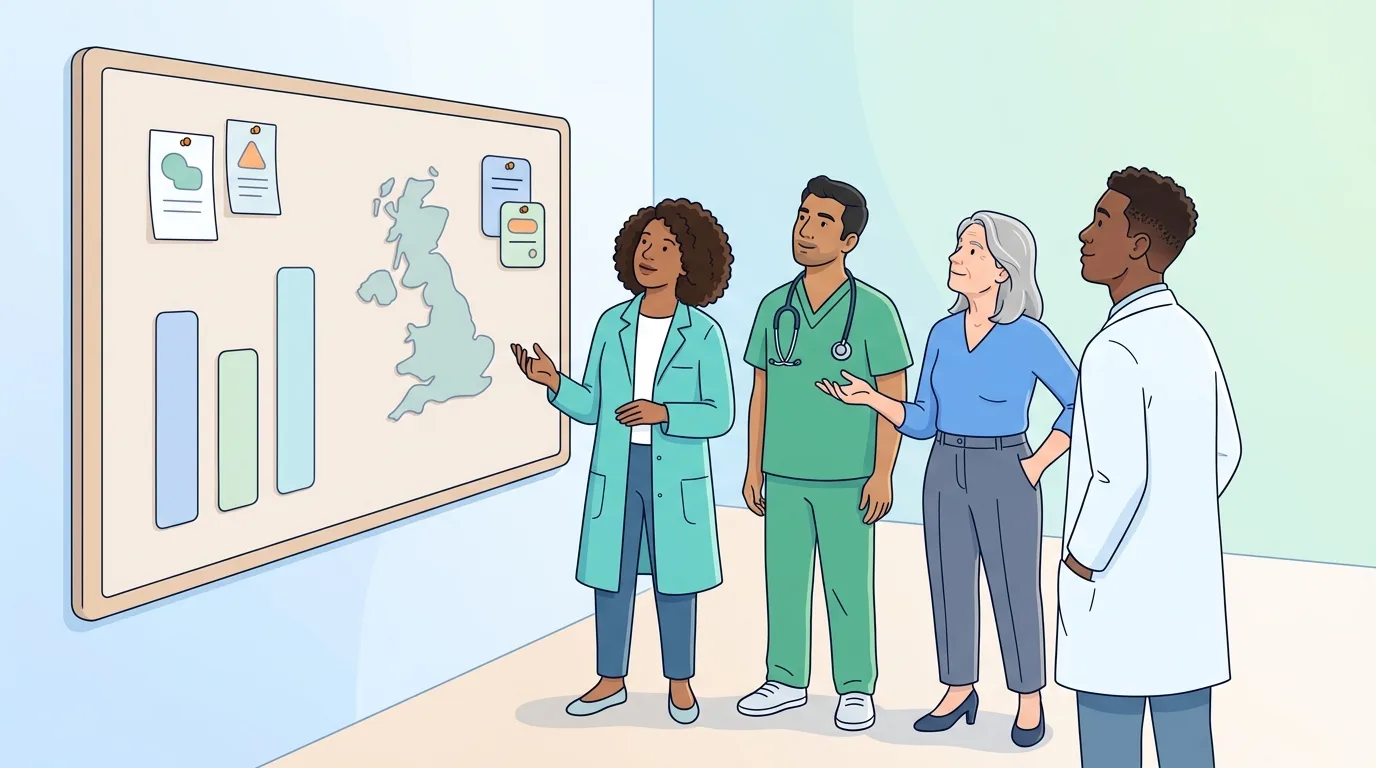 Health and life-sciences colleagues reading a board of UK hiring activity.