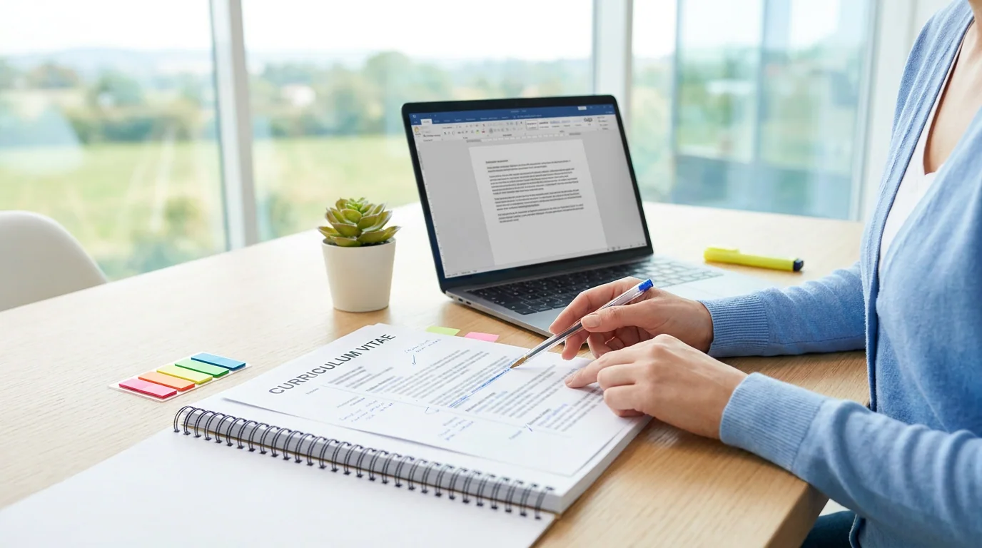 Clinical research associate CV being edited beside trial documentation