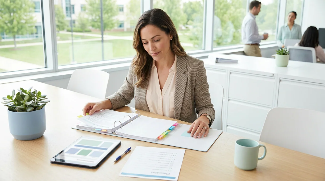 Clinical research associate checking trial files during a monitoring visit