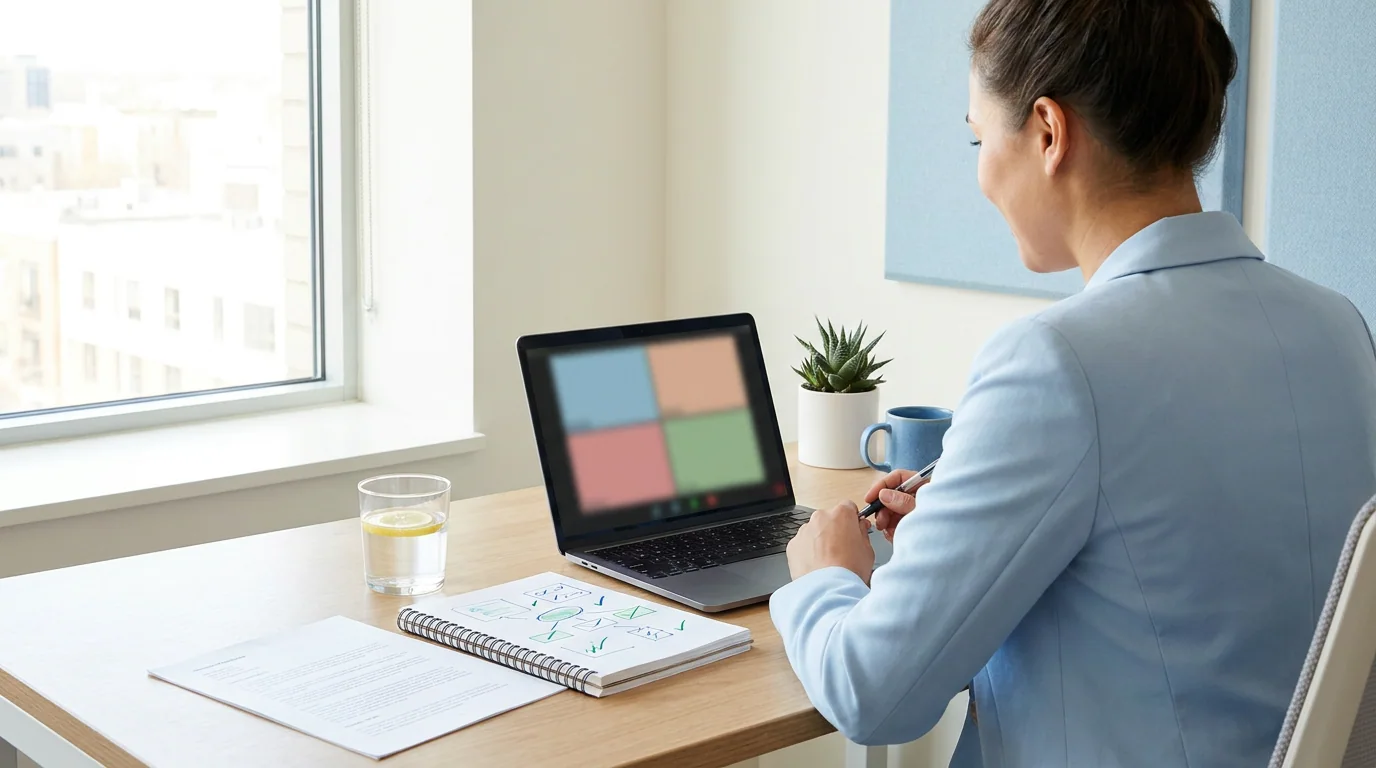 Clinical research interview preparation notes with a video call open