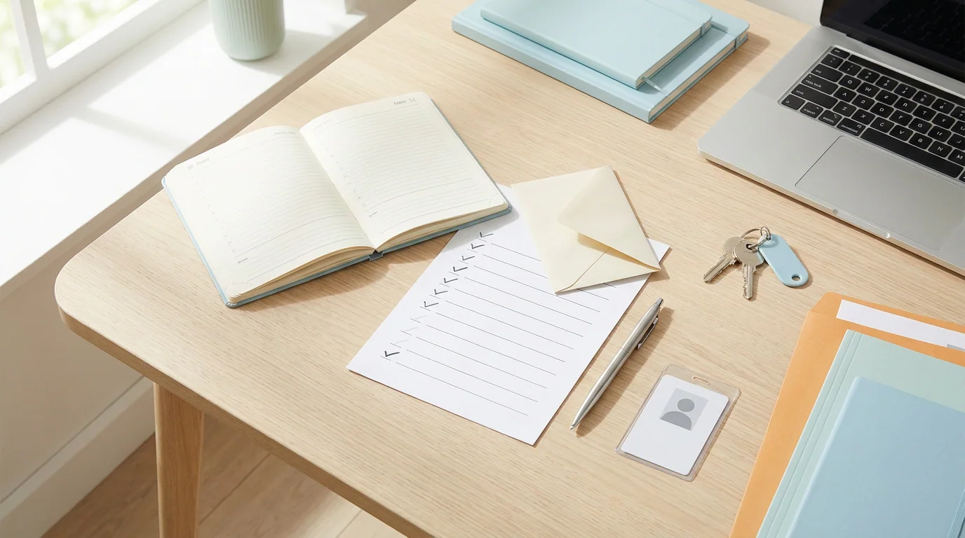 Practical leaving checklist with NHS ID badge, diary and pension notes
