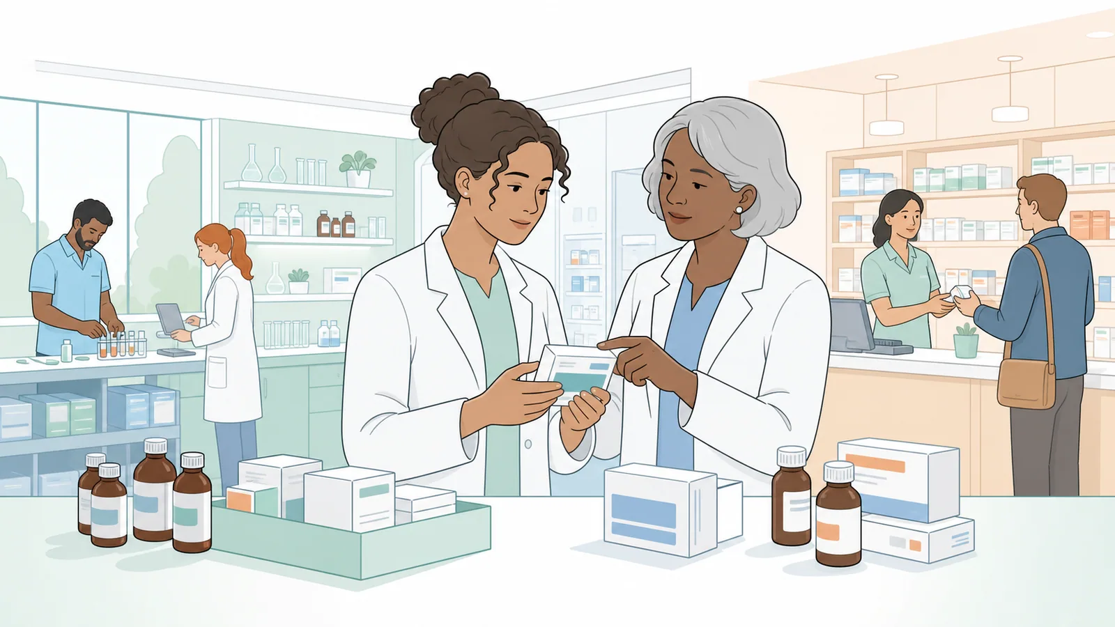 Trainee pharmacist learning safe medicines practice with an experienced pharmacist in a teaching dispensary.