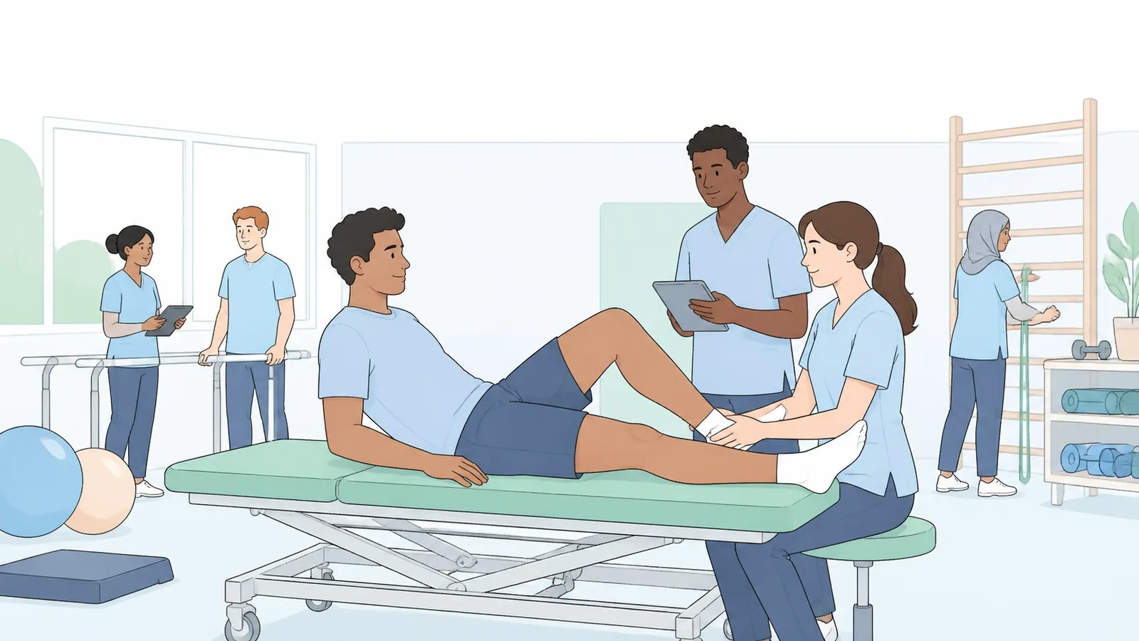 Trainee physiotherapist learning a safe lower-limb mobility assessment in a modern teaching clinic.