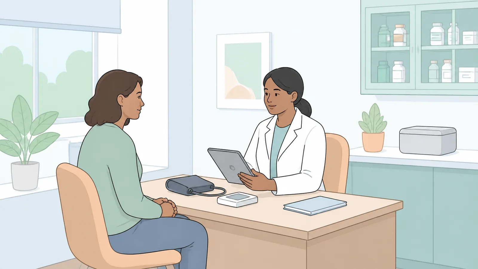Independent prescriber pharmacist conducting a careful consultation with a patient in a private clinical room.
