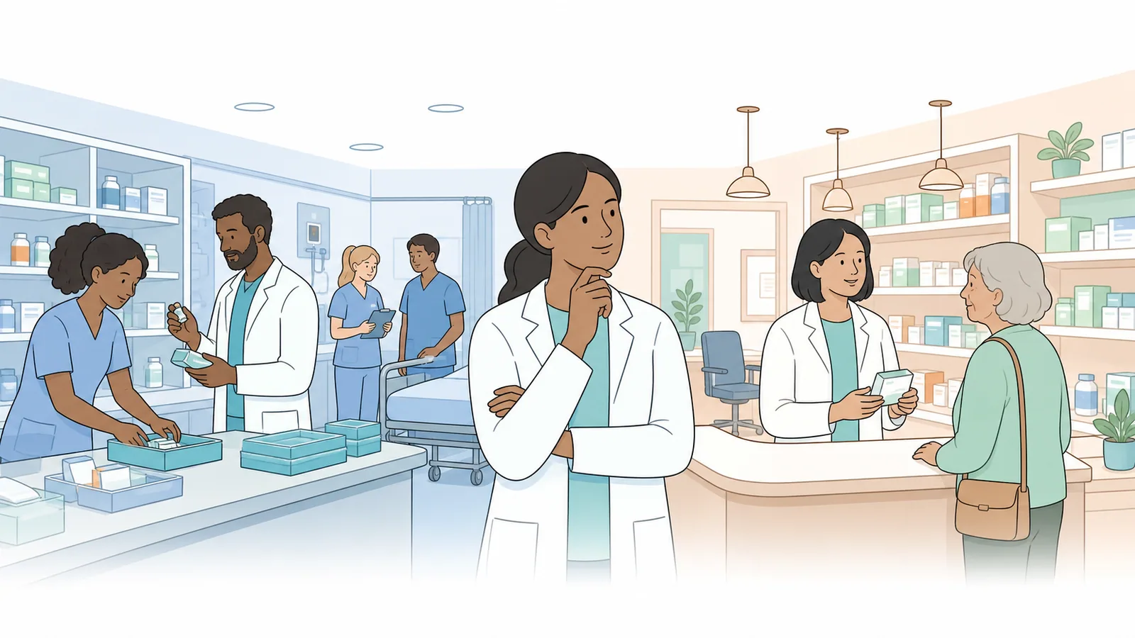 Pharmacist weighing a multidisciplinary NHS hospital dispensary against a community pharmacy consultation setting.