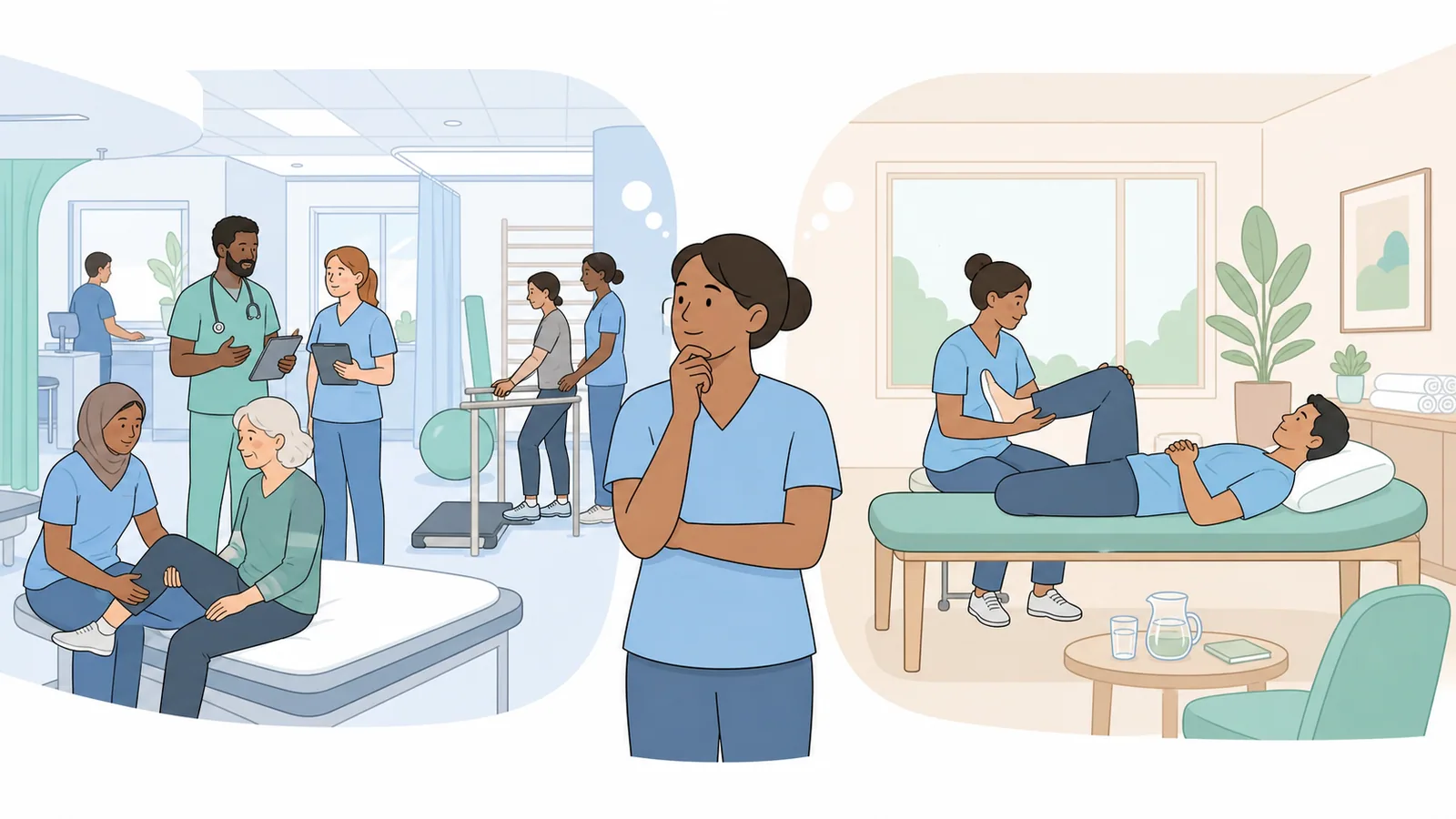 Physiotherapist comparing a busy multidisciplinary NHS rehabilitation unit with a calm private treatment room.