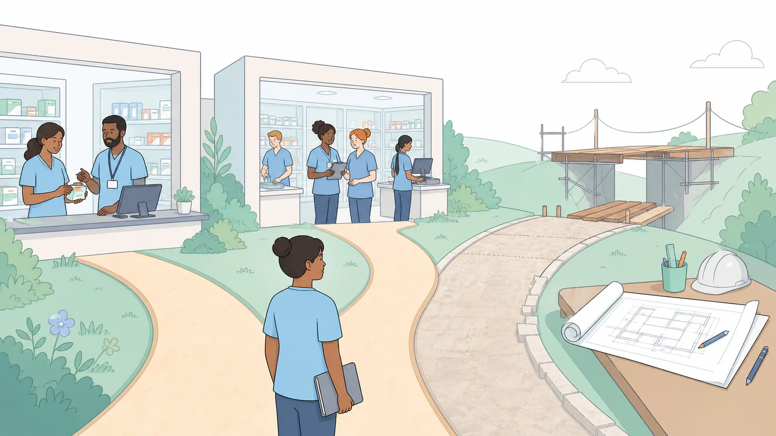 Pharmacy learner facing two active technician training routes and one pharmacist degree route still under construction.