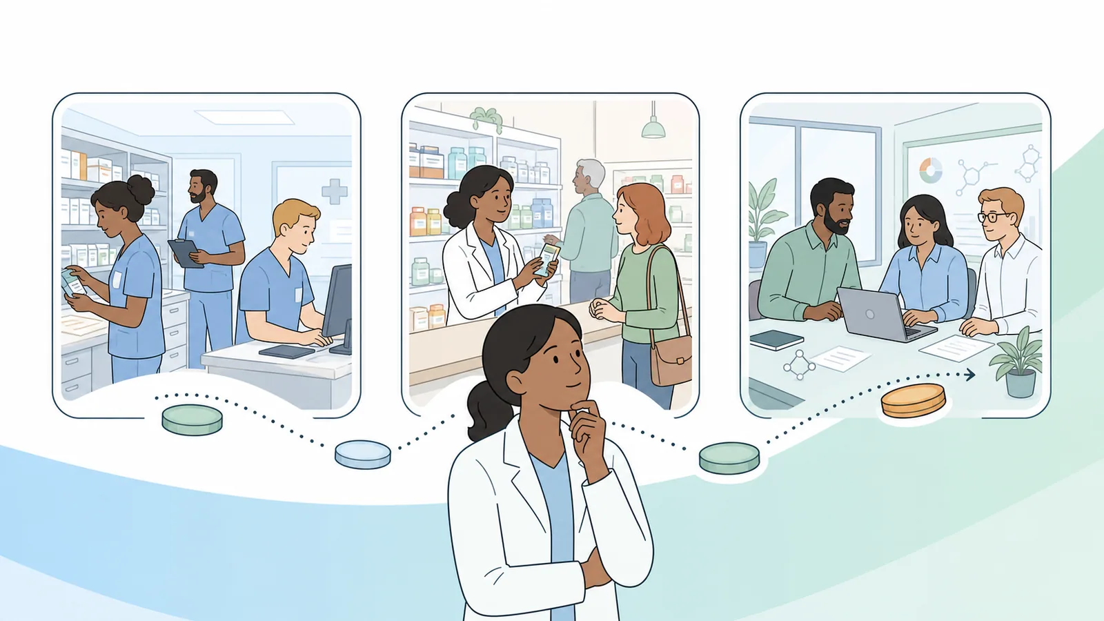 Pharmacist comparing hospital, community and pharmaceutical industry career settings and pay progression.