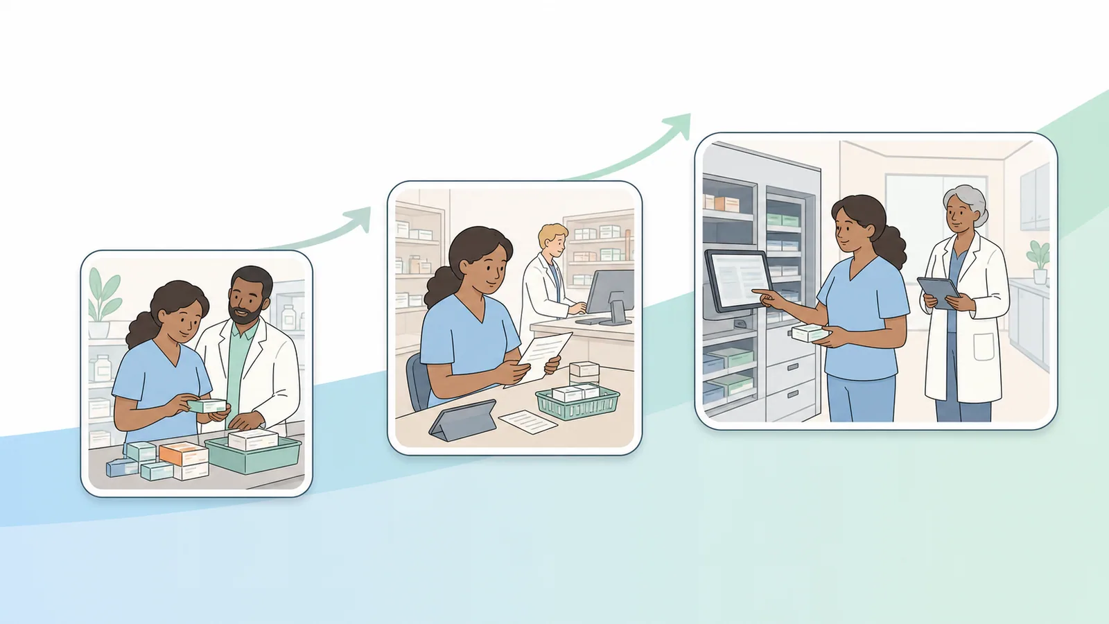 Pharmacy technician progressing from supervised dispensary training to senior automated dispensing responsibilities.