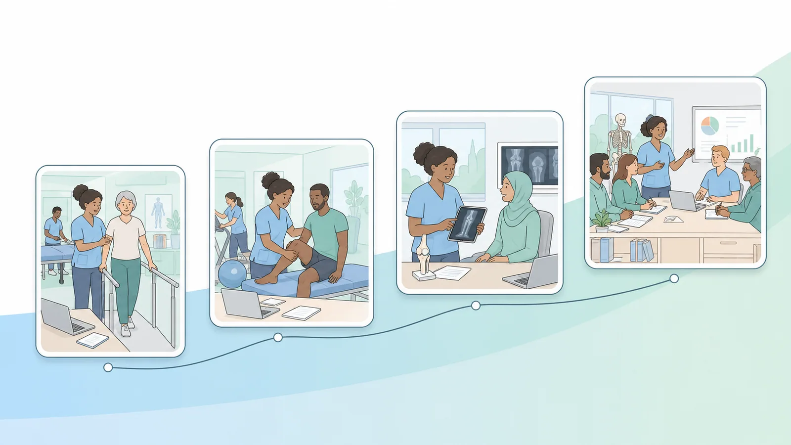 Physiotherapist progressing from supervised rotations to specialist, advanced and consultant leadership work.