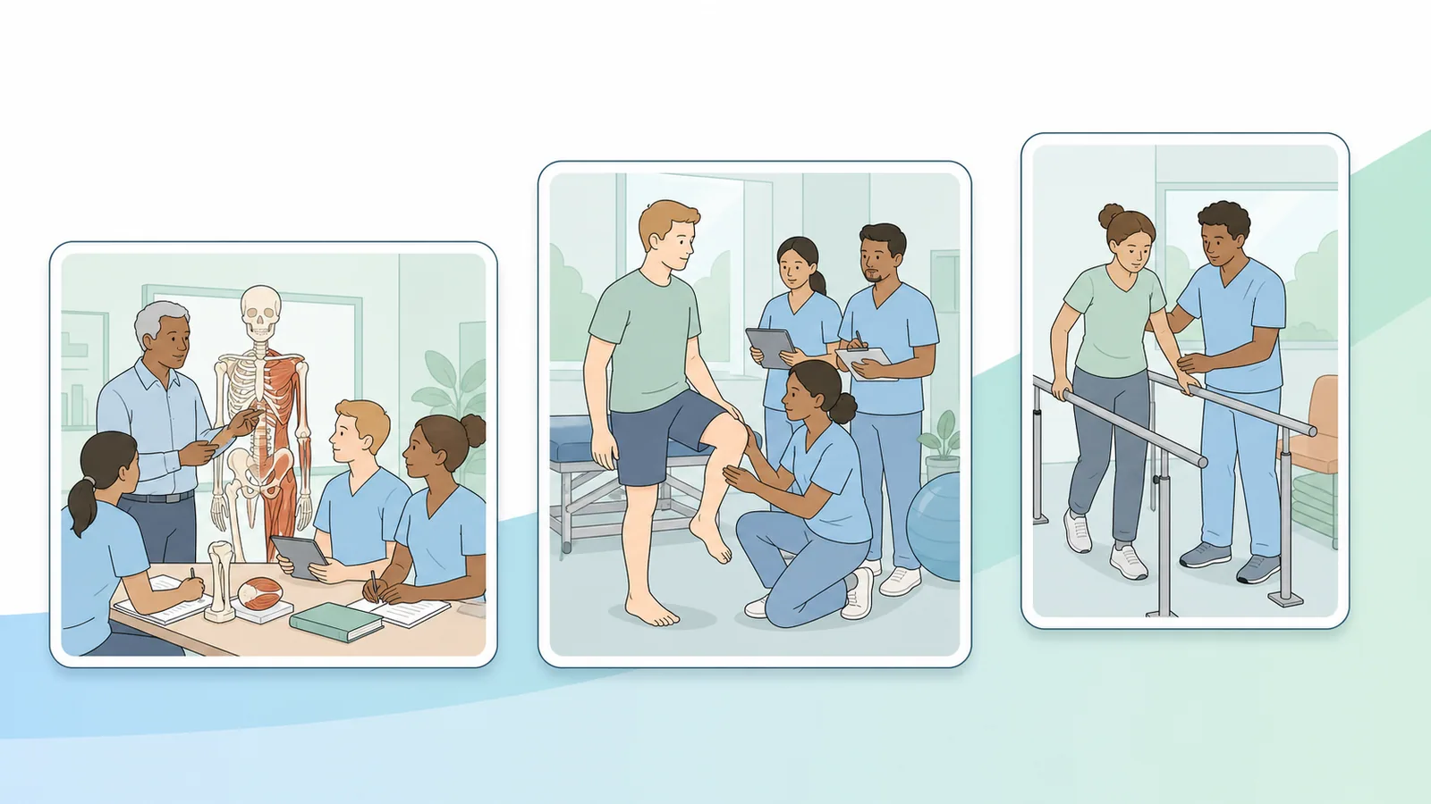 Physiotherapy students progressing through anatomy teaching, practical assessment and a supervised clinical placement.